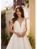 V Neck Ivory Lace Satin Chic Wedding Dress